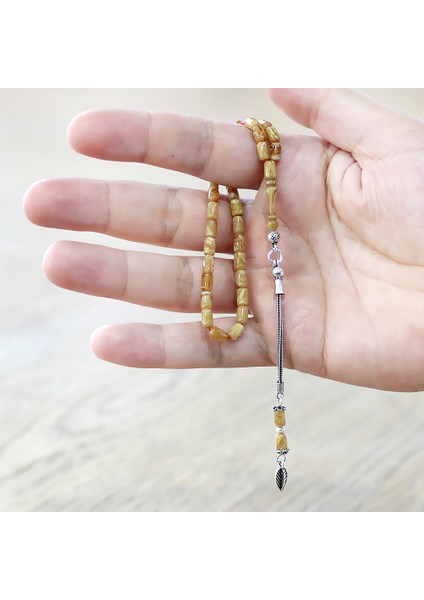 Ateş Kehribar Tesbih - 925 Ayar Gümüş Zincir Püsküllü - Mini Boy - Sarı Beyaz Renk - Kapsül Kesim modelleri