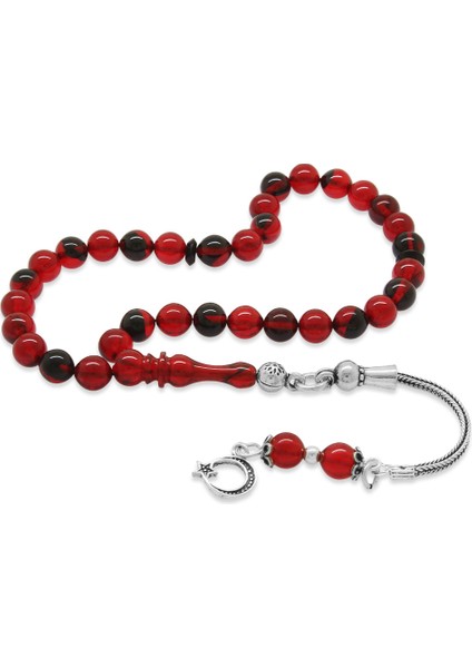 925 Ayar Gümüş Püsküllü Küre Kesim Bilek Boy Kırmızı Siyah Ateş Kehribar Tesbih