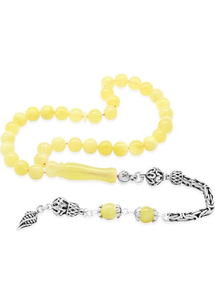 925 Ayar Gümüş Kral Zincir Püsküllü Küre Kesim Soft Sarı Beyaz Doğal Damla Kehribar Tesbih