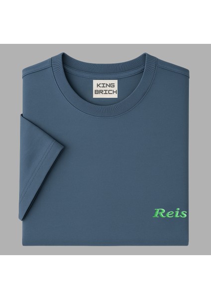 Kişiye Özel Nakışlı Yakası Biyeli Kısa Kollu Bisiklet Yaka Premium Indigo Mavisi Tişört 2xl indirimleri