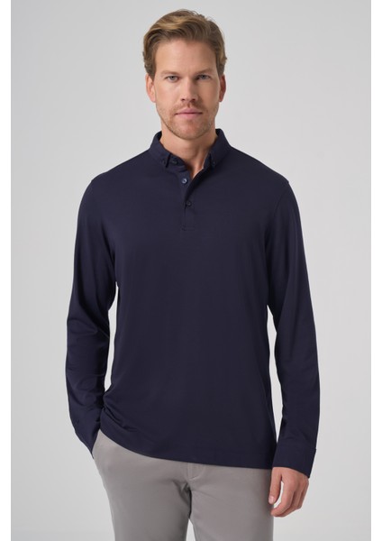 Erkek Lacivert Trend Polo Yaka Rayon Sweatshirt