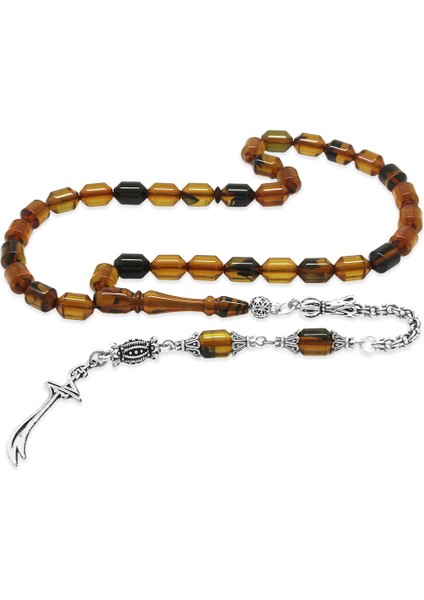 Kararmaz Metal Arnavut Püsküllü Uçlu Kapsül Kesim Sarı Siyah Ateş Kehribar Tesbih