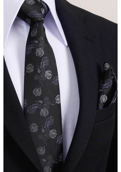8 cm Klasik Geniş Hand Made Siyah - Lila Çiçek Desen Mendilli Kravat