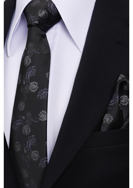 8 cm Klasik Geniş Hand Made Siyah - Lila Çiçek Desen Mendilli Kravat fiyatları