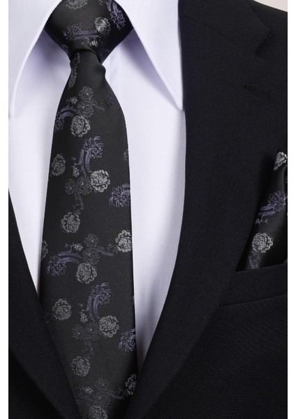 8 cm Klasik Geniş Hand Made Siyah - Lila Çiçek Desen Mendilli Kravat modelleri