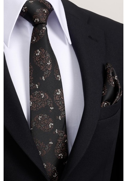 8 cm Klasik Geniş Hand Made Siyah - Kahve Damla Desen Mendilli Kravat fiyatları