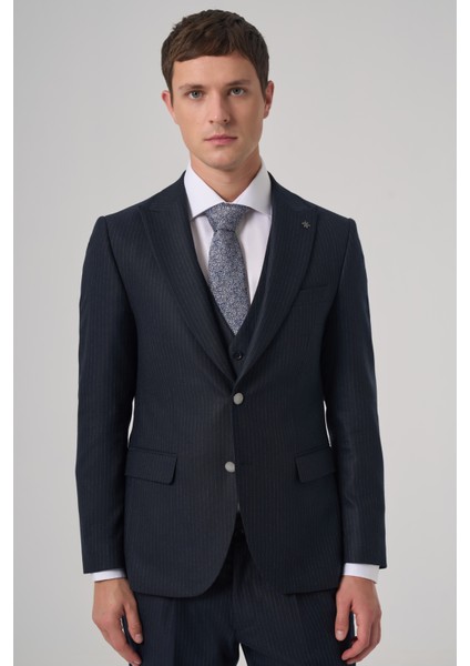 Erkek Lacivert Poliviskon Trend Çizgili Slim Fit Sivri Yaka Yelekli Takım Elbise