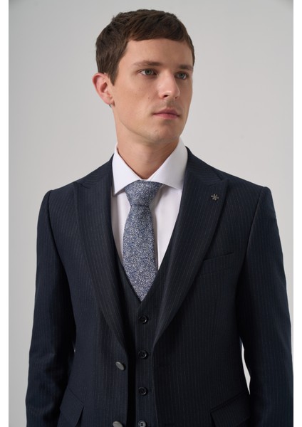 Erkek Lacivert Poliviskon Trend Çizgili Slim Fit Sivri Yaka Yelekli Takım Elbise fiyatları