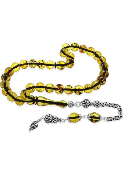 925 Ayar Gümüş Kral Püsküllü Küre Kesim Hafif Fosilli Ihlamur Sarı Doğal Damla Kehribar Tesbih