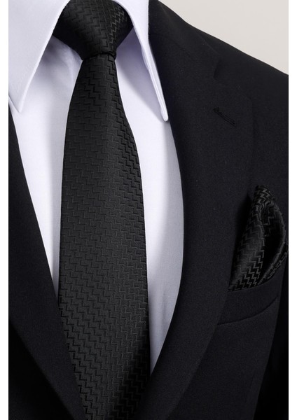 8 cm Klasik Geniş Hand Made Siyah Çizgili Desen Mendilli Kravat