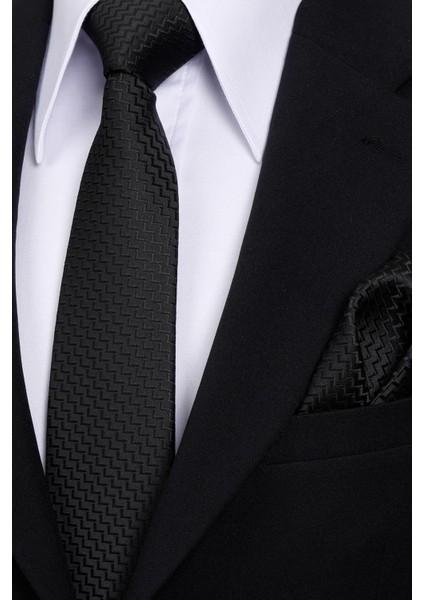 8 cm Klasik Geniş Hand Made Siyah Çizgili Desen Mendilli Kravat modelleri