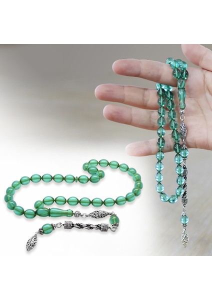 Kararmaz Metal Halat Püsküllü Arpa Kesim Şeffaf Turkuaz Ateş Kehribar Tesbih fiyatları