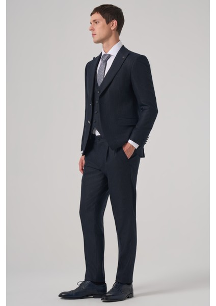 Erkek Lacivert Poliviskon Trend Çizgili Slim Fit Sivri Yaka Yelekli Takım Elbise fırsatları