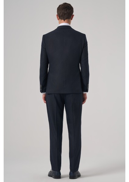 Erkek Lacivert Poliviskon Trend Çizgili Slim Fit Sivri Yaka Yelekli Takım Elbise indirimleri