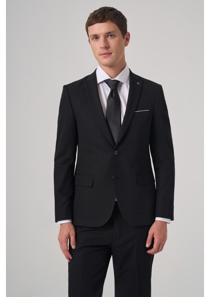 Erkek Siyah Yünlü Trend Düz Slim Fit Sivri Yaka Takım Elbise