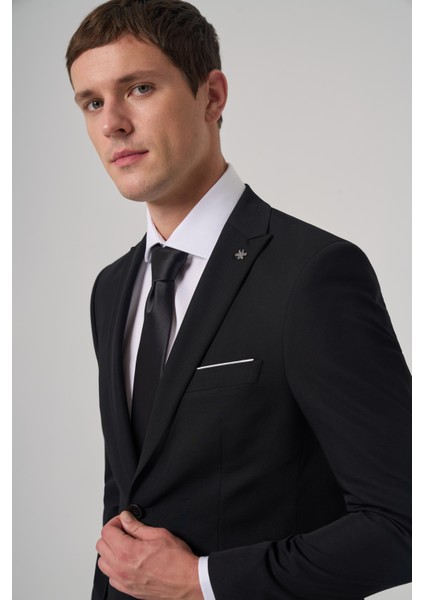 Erkek Siyah Yünlü Trend Düz Slim Fit Sivri Yaka Takım Elbise fiyatları
