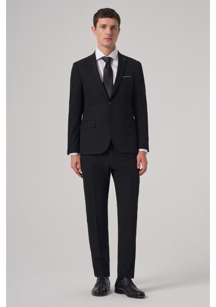 Erkek Siyah Yünlü Trend Düz Slim Fit Sivri Yaka Takım Elbise fırsatları