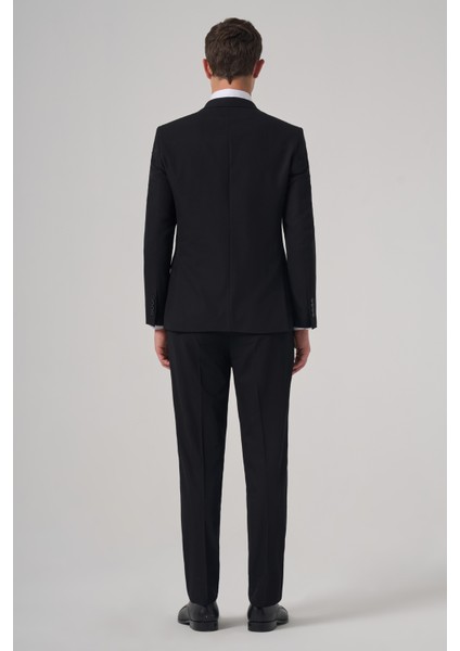 Erkek Siyah Yünlü Trend Düz Slim Fit Sivri Yaka Takım Elbise indirimleri