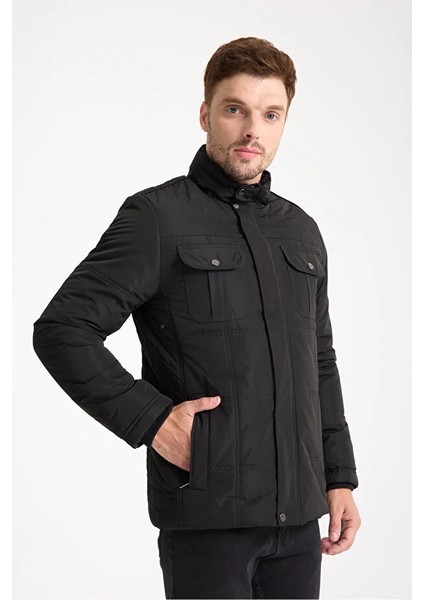 Erkek Siyah Kapüşonsuz Içi Kürklü Mont