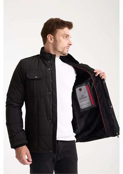 Erkek Siyah Kapüşonsuz Içi Kürklü Mont