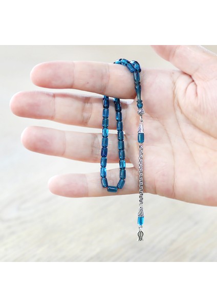 Ateş Kehribar Tesbih - Kararmaz Metal Püsküllü - Mini Boy - Mavi Renk - Kapsül Kesim fırsatları