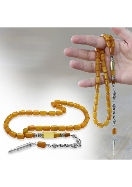 Kararmaz Metal Halat Püsküllü Kurşun Nakkaş Imameli Kapsül Kesim Sarı Sıkma Kehribar Tesbih fiyatları