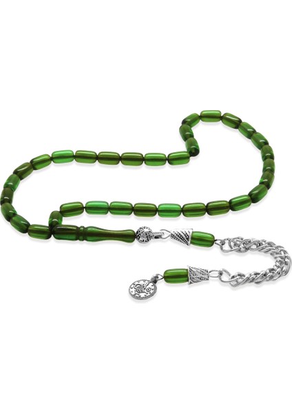 Ateş Kehribar Tesbih - Kararmaz Metal Püsküllü - Mini Boy - Yeşil Renk - Kapsül Kesim