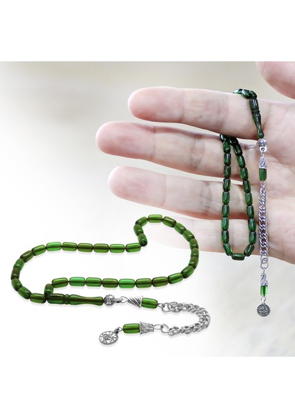 Ateş Kehribar Tesbih - Kararmaz Metal Püsküllü - Mini Boy - Yeşil Renk - Kapsül Kesim fiyatları