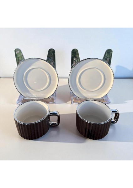 Homeinn Modern Çizgili 2'li Porselen Çay Fincan Takımı – Silver Renk, Sunum Tabağıyla, Şık ve Zarif Tasarım modelleri