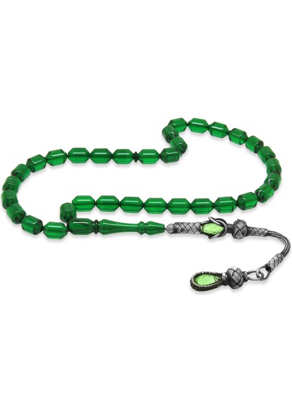 1000 Ayar Gümüş Kazaz Püsküllü Uçlu Kapsül Kesim Yeşil Ateş Kehribar Tesbih