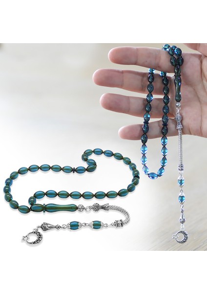 Ayyıldız Kararmaz Metal Püsküllü Arpa Kesim Turkuaz Ateş Kehribar Tesbih modelleri