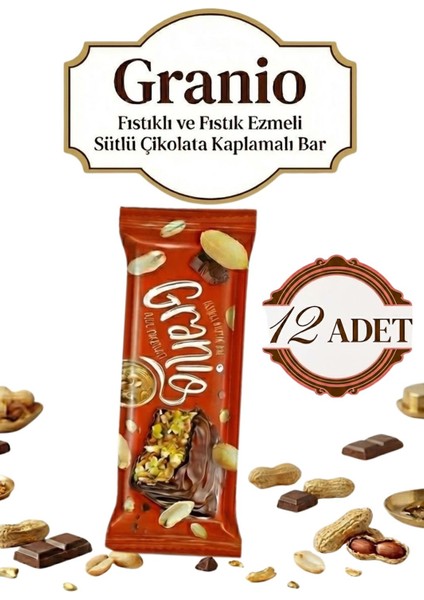 Granıo Fıstıklı ve Fıstık Ezmeli Sütlü Çikolata Kaplamalı Bar 40 gr x 12 Adet