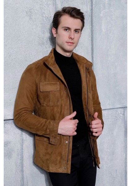 Erkek Safari Fermuarlı Hakiki Deri Taba Süet Ceket