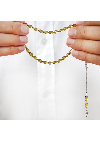 Ateş Kehribar Tesbih - 925 Ayar Gümüş Püsküllü - Mini Boy - Sarı Renk - Arpa Kesim modelleri