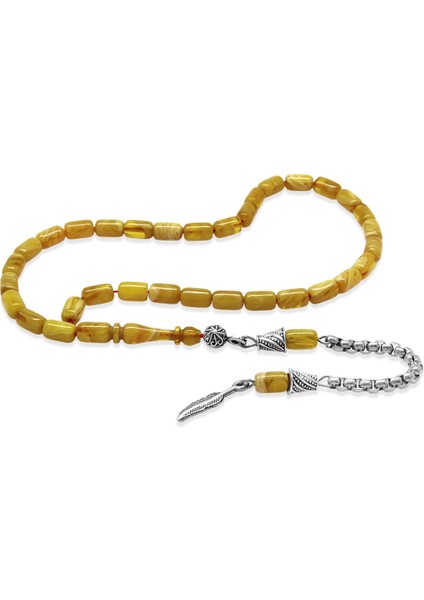 Ateş Kehribar Tesbih - Kararmaz Metal Püsküllü - Mini Boy - Sarı Beyaz Renk - Kapsül Kesim