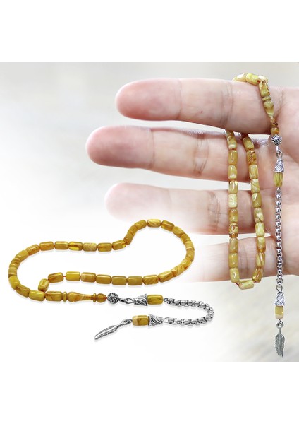 Ateş Kehribar Tesbih - Kararmaz Metal Püsküllü - Mini Boy - Sarı Beyaz Renk - Kapsül Kesim fiyatları