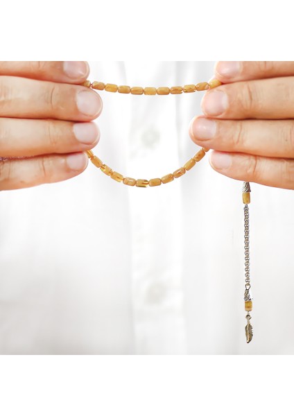 Ateş Kehribar Tesbih - Kararmaz Metal Püsküllü - Mini Boy - Sarı Beyaz Renk - Kapsül Kesim modelleri