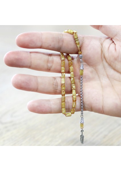 Ateş Kehribar Tesbih - Kararmaz Metal Püsküllü - Mini Boy - Sarı Beyaz Renk - Kapsül Kesim fırsatları