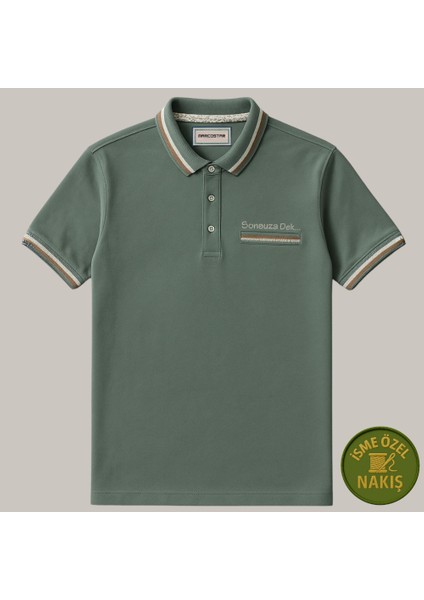 Kişiye Özel Nakışlı Cep Yaka Garnili Kısa Kollu Ribana Yaka Premium Yeşil Tişört L modelleri