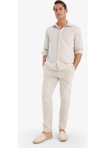 %100 Pamuk Keten Görünümlü Pantolon Beli Lastikli Slim Fit Dar Kesim Cepli Düz Paça