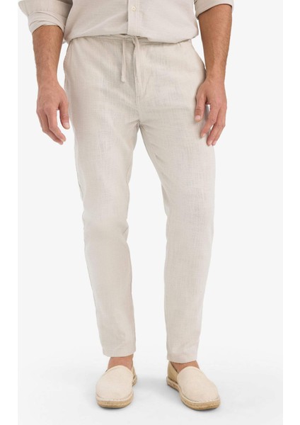 %100 Pamuk Keten Görünümlü Pantolon Beli Lastikli Slim Fit Dar Kesim Cepli Düz Paça