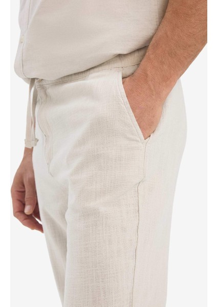 %100 Pamuk Keten Görünümlü Pantolon Beli Lastikli Slim Fit Dar Kesim Cepli Düz Paça
