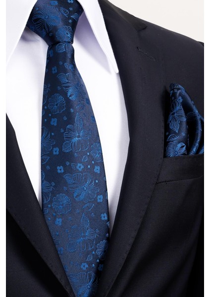 8 cm Klasik Geniş Hand Made Lacivert - Mavi Çiçek Desen Mendilli Kravat