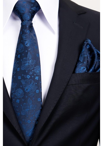 8 cm Klasik Geniş Hand Made Lacivert - Mavi Çiçek Desen Mendilli Kravat fiyatları