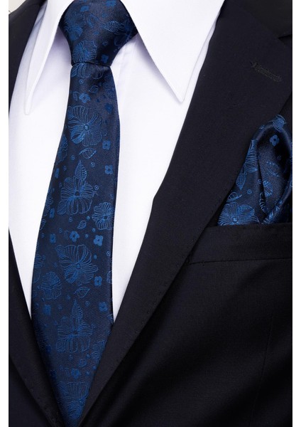 8 cm Klasik Geniş Hand Made Lacivert - Mavi Çiçek Desen Mendilli Kravat modelleri