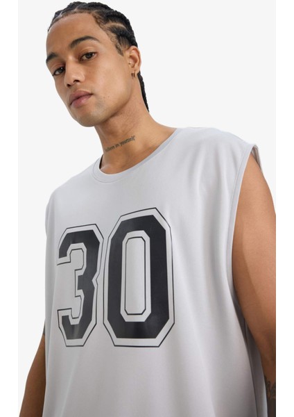 Hızlı Kuruyan Nefes Alabilen Boxy Fit Bisiklet Yaka Baskılı Sporcu Atlet E4392AX25HS