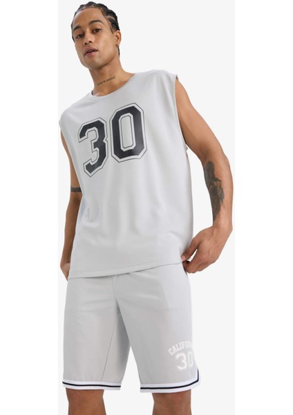 Hızlı Kuruyan Nefes Alabilen Boxy Fit Bisiklet Yaka Baskılı Sporcu Atlet E4392AX25HS