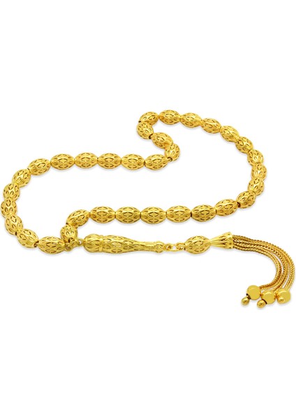 3 Lü Kamçı Püsküllü Petek Tasarım Arpa Kesim Altın Renk 925 Ayar Gümüş Tesbih