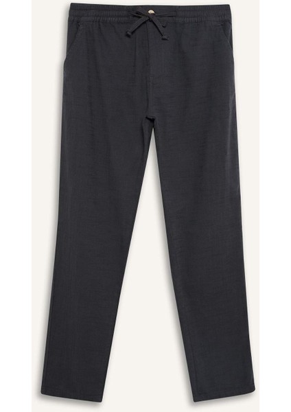 %100 Pamuk Keten Görünümlü Pantolon Beli Lastikli Slim Fit Dar Kesim Cepli Düz Paça
