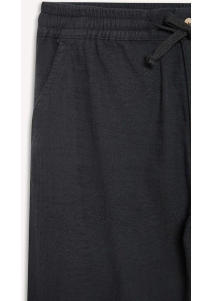 %100 Pamuk Keten Görünümlü Pantolon Beli Lastikli Slim Fit Dar Kesim Cepli Düz Paça